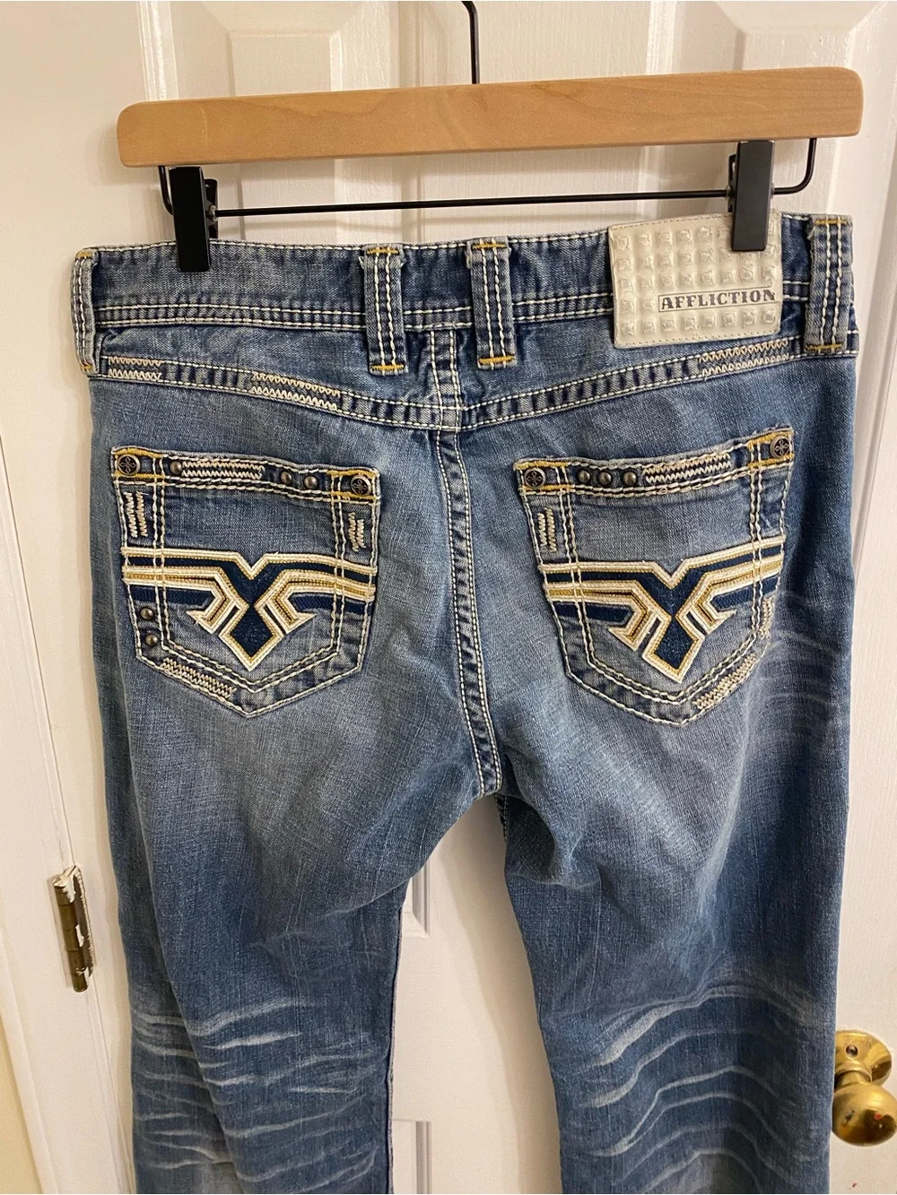 AFFLICTION COOPER JEANS MENS SIZE 30 90’s THICK STITCHING WHISKERED GRUNGE Y2K